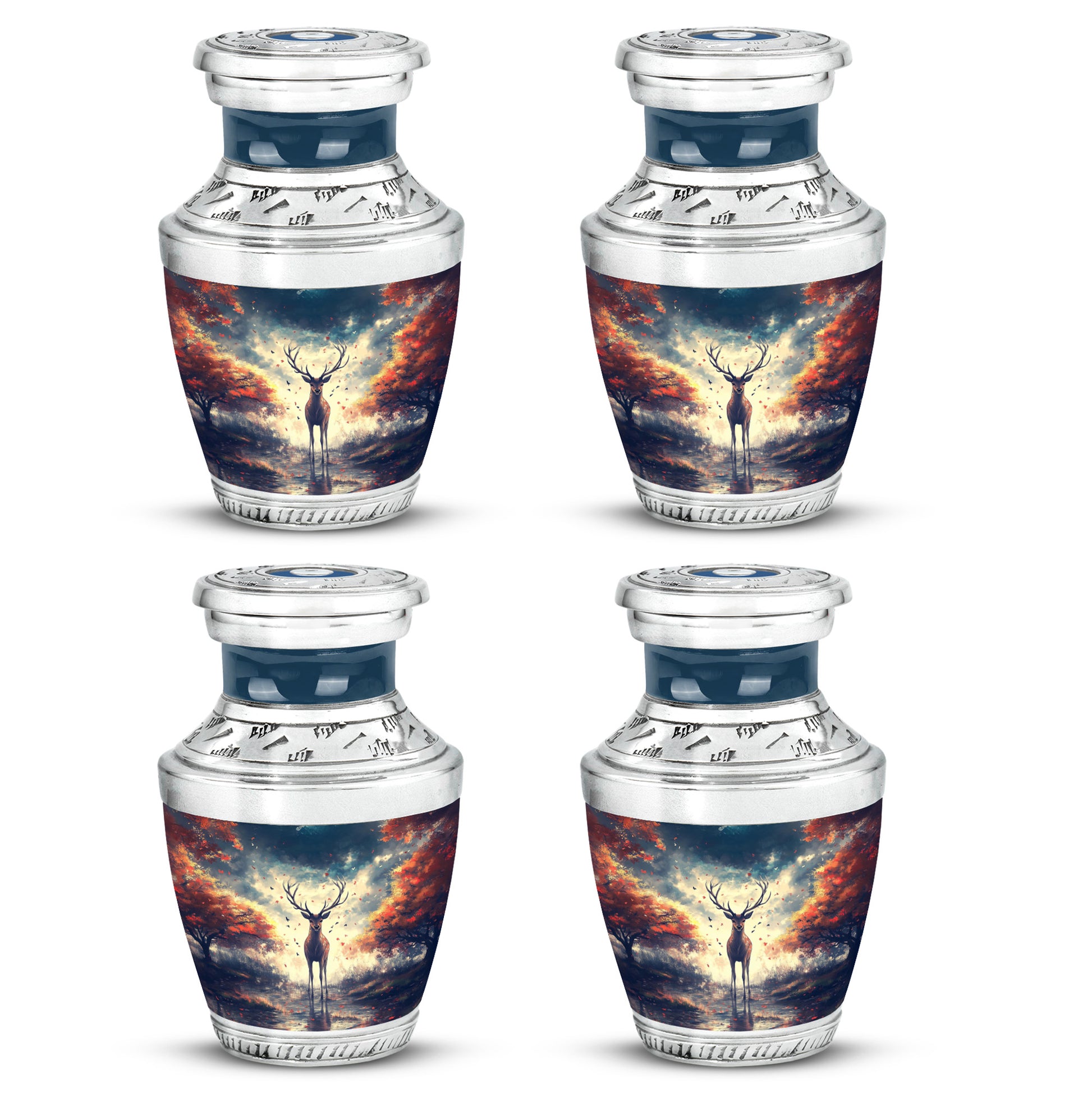 Navy Blue Deer Cremation Urn back view with polished surface - contemporary deer design with modern artistic flair - 10 inch aluminum urn for cremated remains
