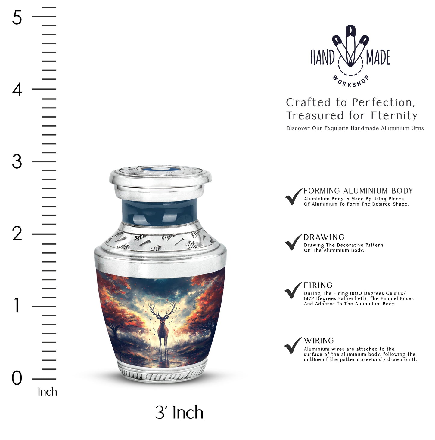 Navy Blue Deer Cremation Urn top-down view of secure threaded lid - contemporary deer design with modern artistic flair - mini keepsake memorial for portion of cremation ashes