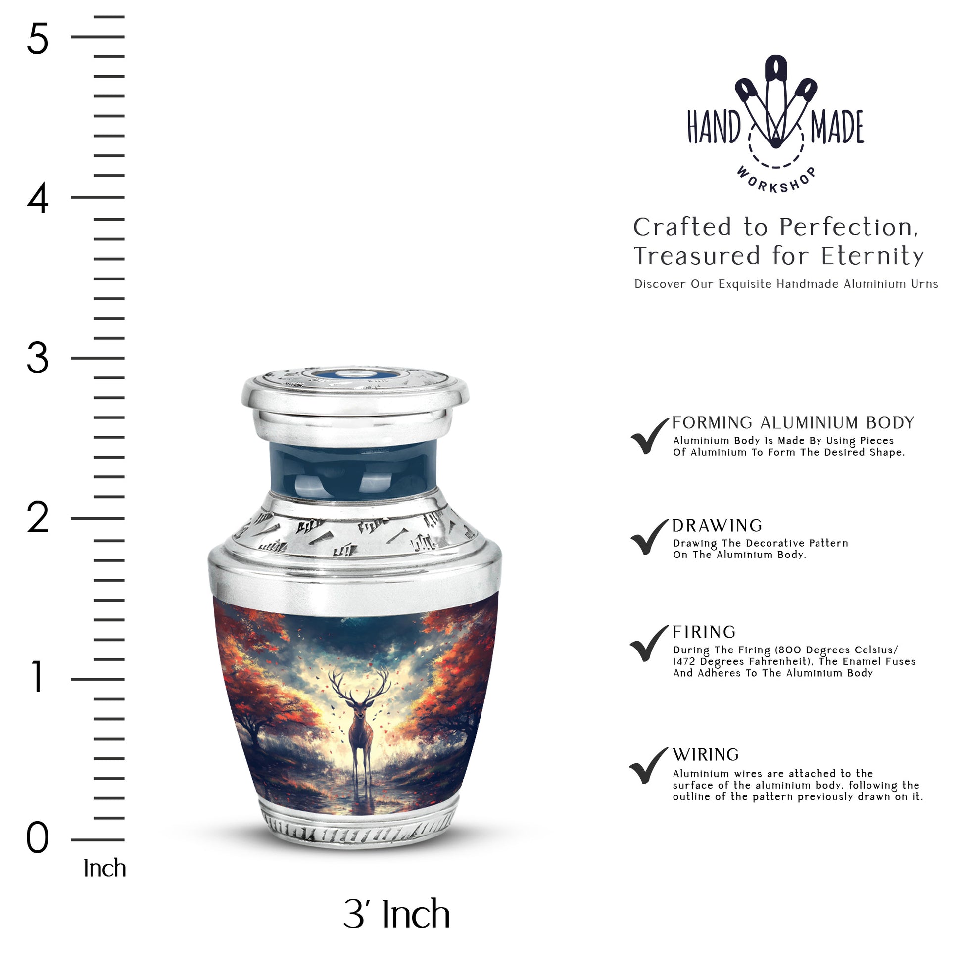Navy Blue Deer Cremation Urn top-down view of secure threaded lid - contemporary deer design with modern artistic flair - mini keepsake memorial for portion of cremation ashes