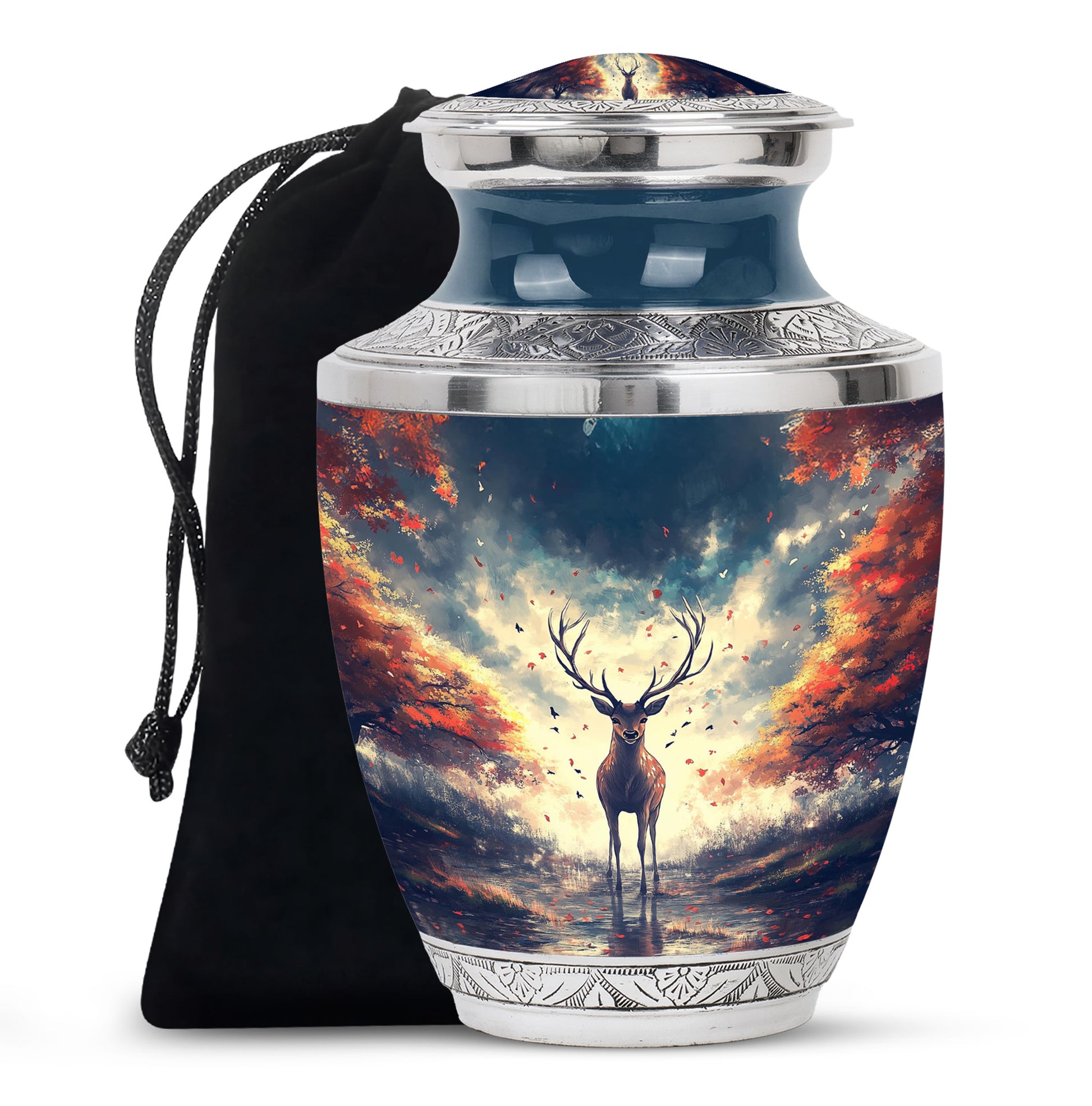 Cornflower Blue Deer Cremation Urn side profile showing urn shape - artistic deer interpretation with creative detail - full-size 10 inch 200 cubic inch adult cremation urn