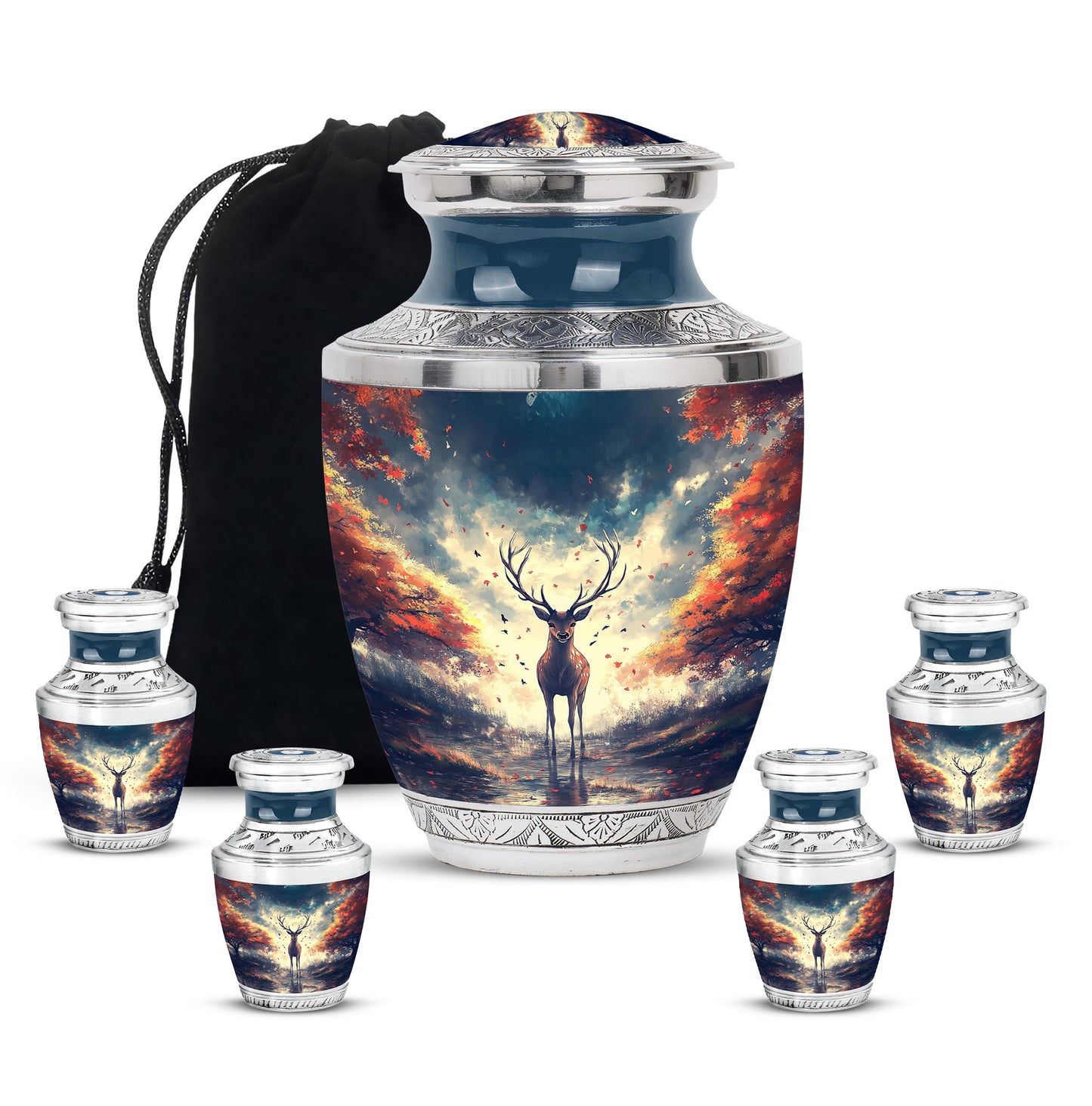 Bright Blue Deer Cremation Urn lifestyle display on memorial shelf - artistic deer interpretation with creative detail - memorial set with one large and four small urns