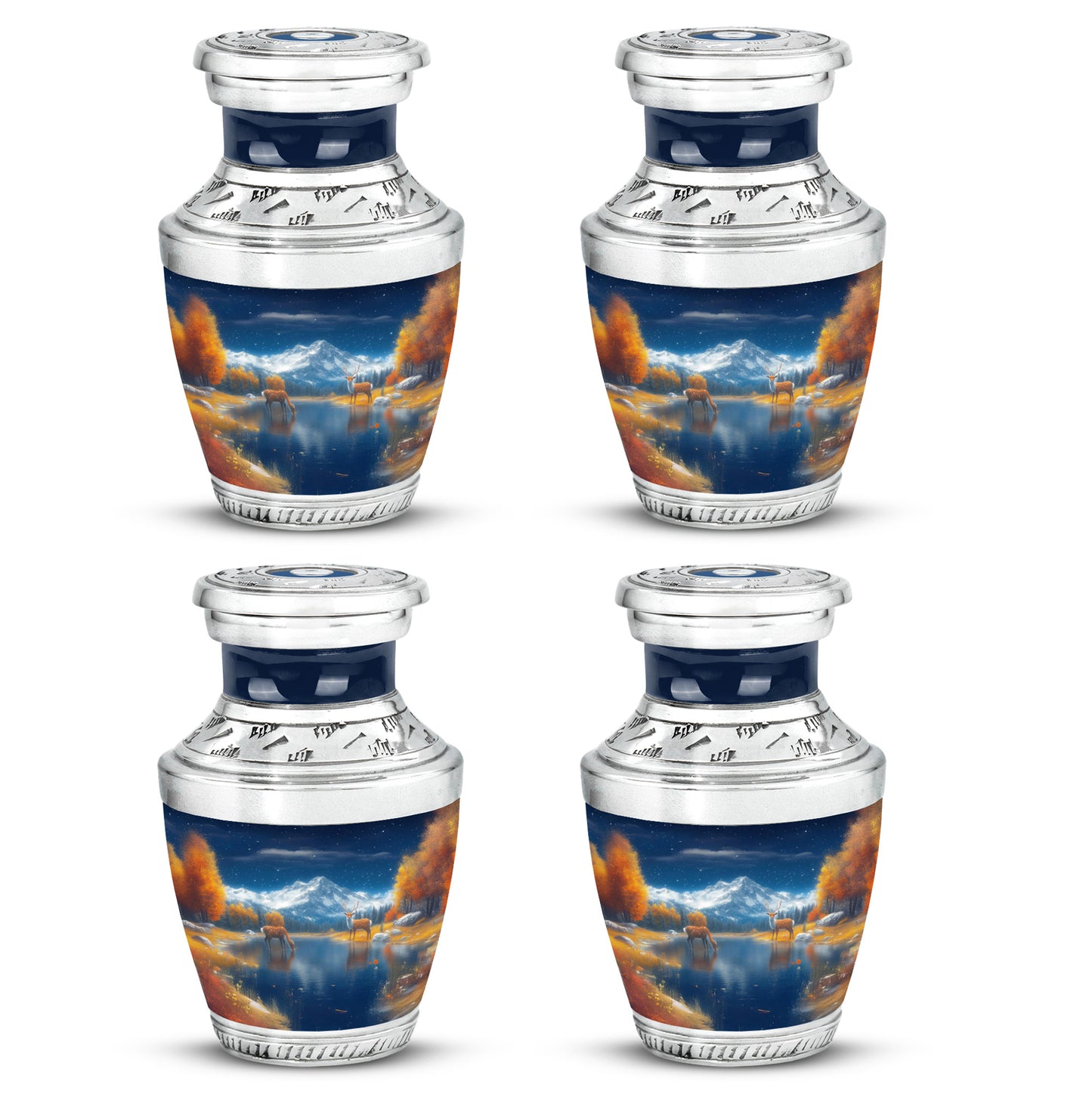 Powder Blue Deer Cremation Urn back view with polished surface - modern art-inspired deer motif on sleek aluminum - 10 inch aluminum urn for cremated remains