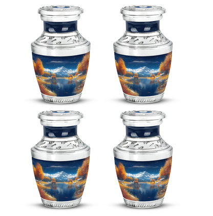Powder Blue Deer Cremation Urn back view with polished surface - modern art-inspired deer motif on sleek aluminum - 10 inch aluminum urn for cremated remains