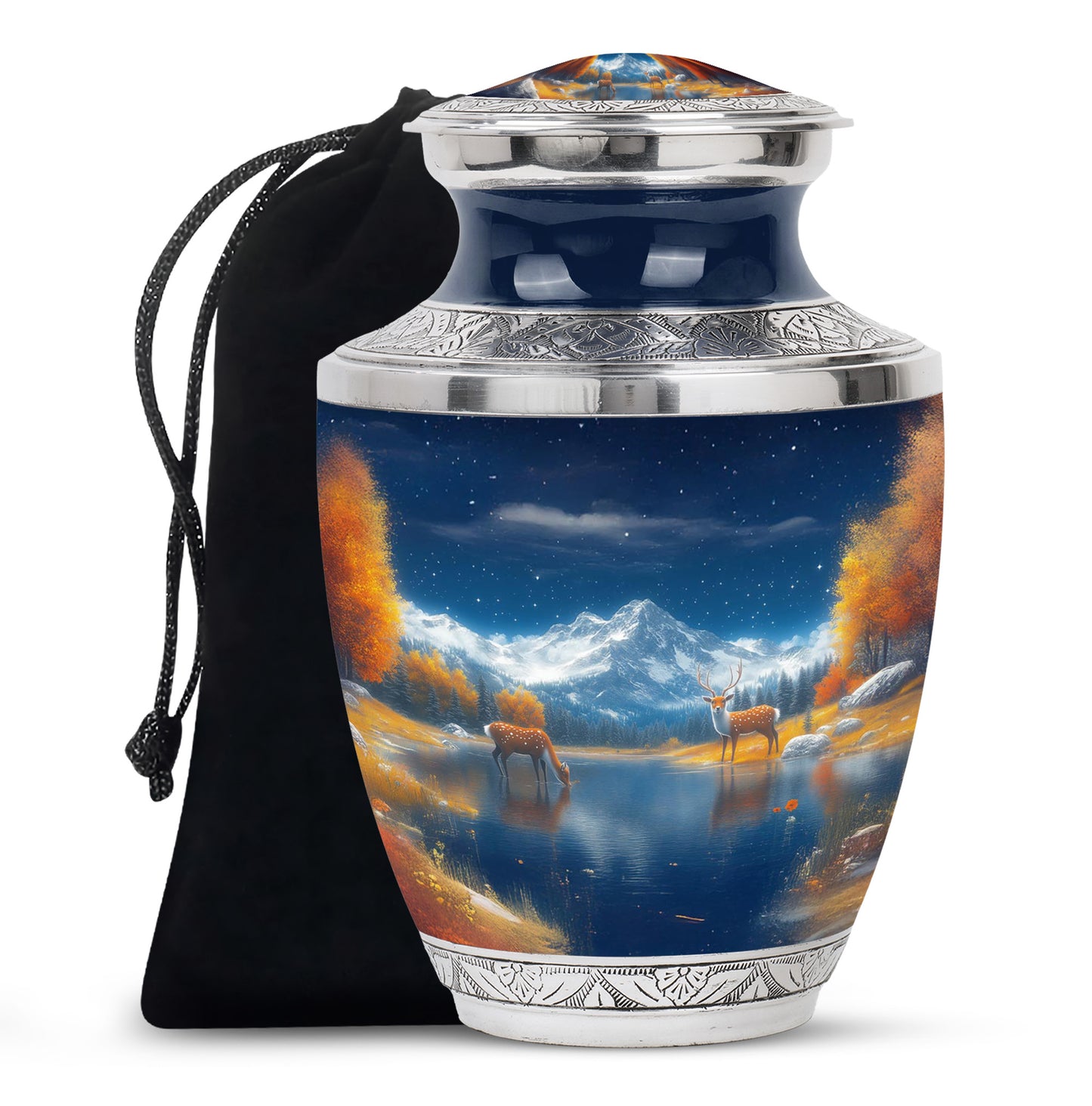 Azure Deer Cremation Urn side profile showing urn shape - contemporary deer design with modern artistic flair - full-size 10 inch 200 cubic inch adult cremation urn