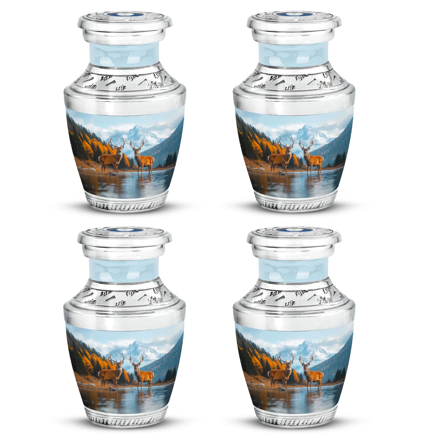 Icy Blue Deer Cremation Urn back view with polished surface - modern art-inspired deer motif on sleek aluminum - 10 inch aluminum urn for cremated remains