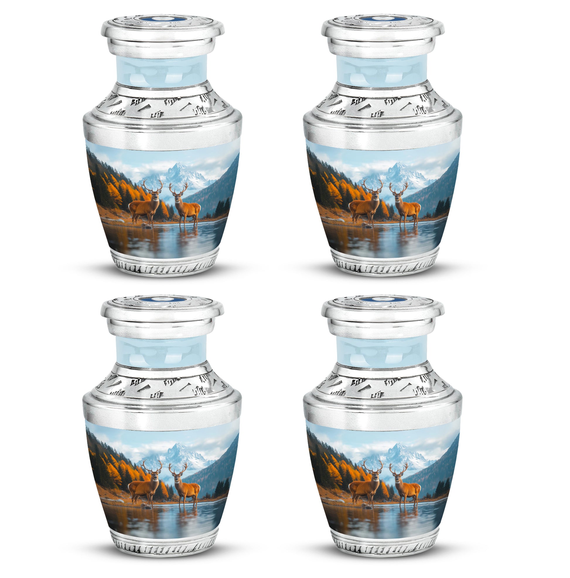 Icy Blue Deer Cremation Urn back view with polished surface - modern art-inspired deer motif on sleek aluminum - 10 inch aluminum urn for cremated remains
