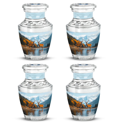 Icy Blue Deer Cremation Urn back view with polished surface - modern art-inspired deer motif on sleek aluminum - 10 inch aluminum urn for cremated remains
