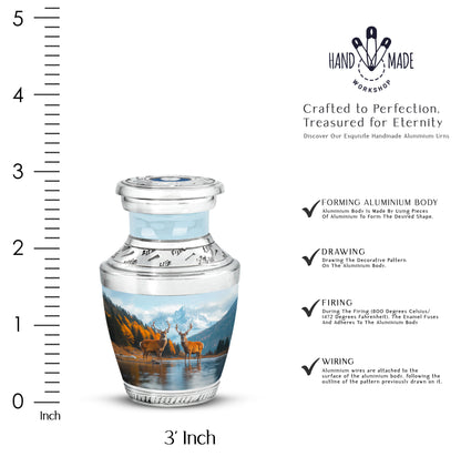 Bright Blue Deer Cremation Urn top-down view of secure threaded lid - artistic deer interpretation with creative detail - mini keepsake memorial for portion of cremation ashes