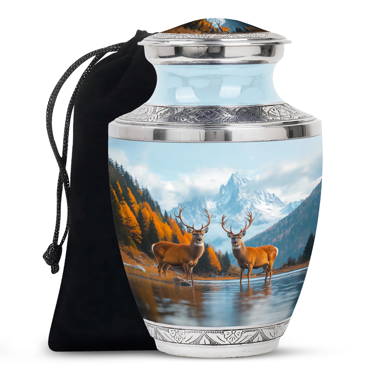 Dusty Blue Deer Cremation Urn side profile showing urn shape - contemporary deer design with modern artistic flair - full-size 10 inch 200 cubic inch adult cremation urn
