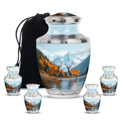 Dusty Blue Deer Cremation Urn lifestyle display on memorial shelf - contemporary deer design with modern artistic flair - memorial set with one large and four small urns