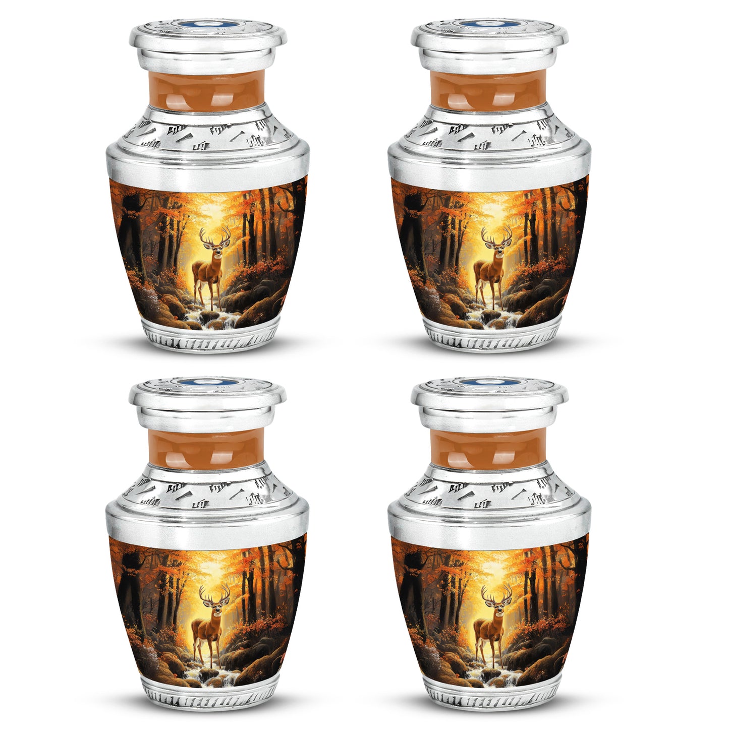 Burnished Gold Deer Cremation Urn back view with polished surface - stylized abstract deer pattern with bold lines - 10 inch aluminum urn for cremated remains