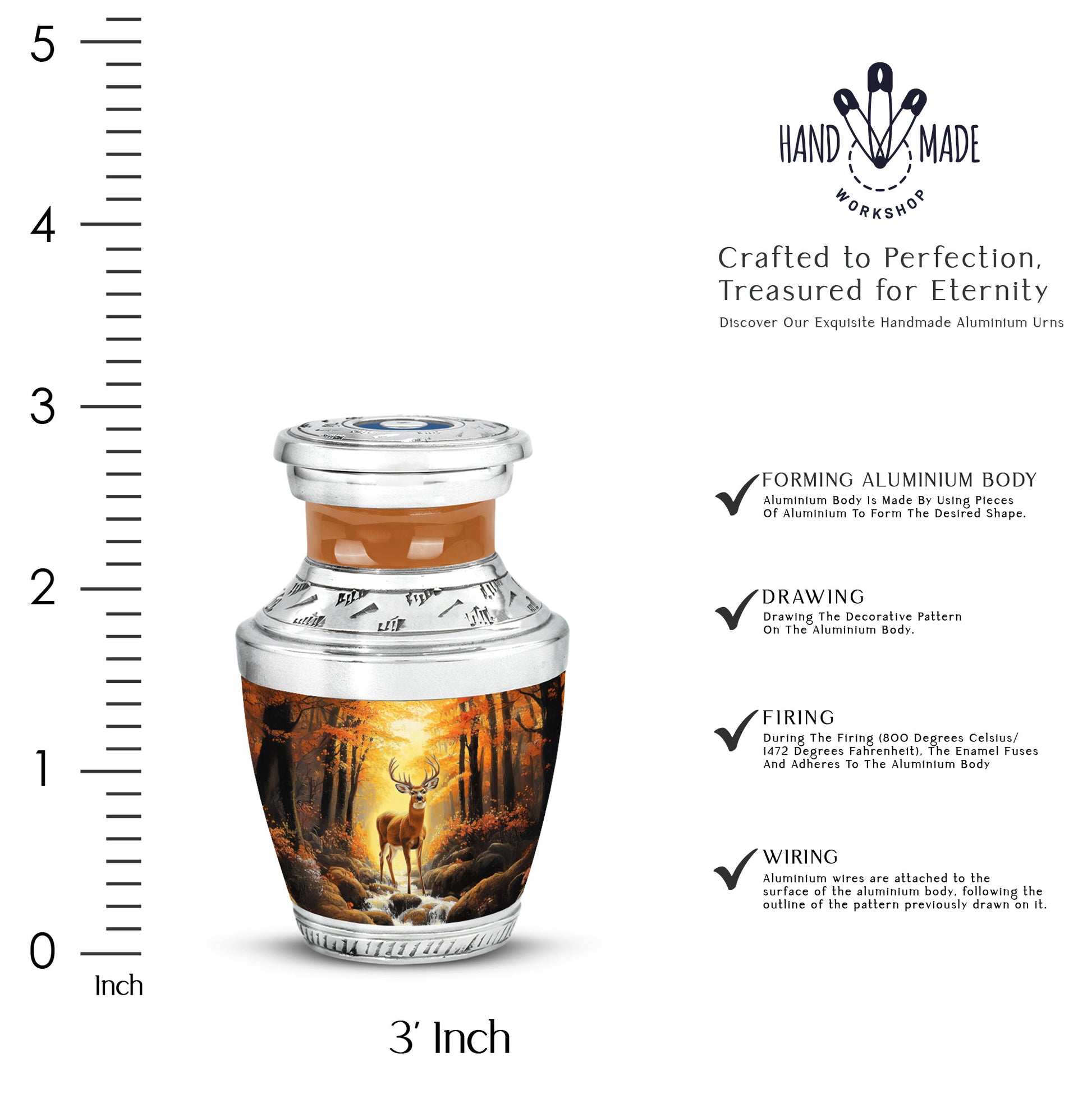 Royal Gold Deer Cremation Urn top-down view of secure threaded lid - stylized abstract deer pattern with bold lines - mini keepsake memorial for portion of cremation ashes