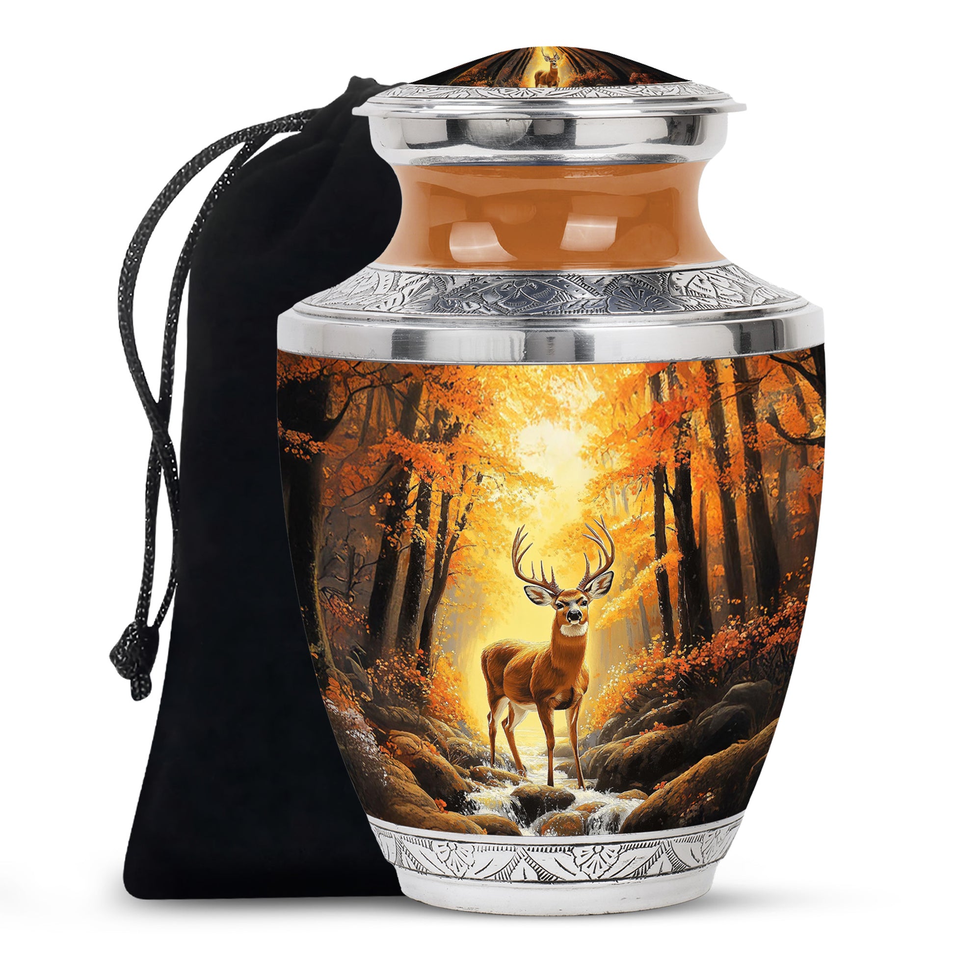 Harvest Gold Deer Cremation Urn side profile showing urn shape - artistic deer interpretation with creative detail - full-size 10 inch 200 cubic inch adult cremation urn