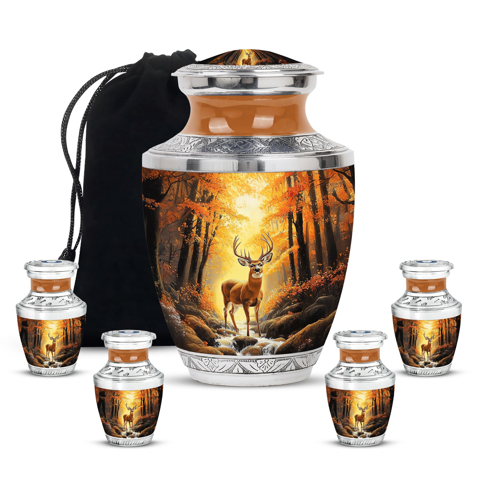 Matte Gold Deer Cremation Urn lifestyle display on memorial shelf - stylized abstract deer pattern with bold lines - memorial set with one large and four small urns