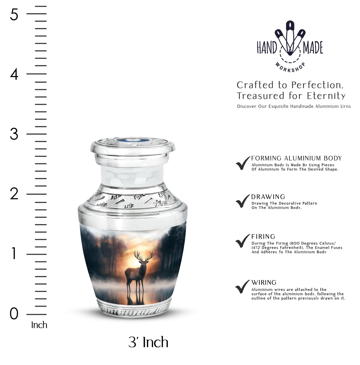 Harvest Gold Deer Cremation Urn top-down view of secure threaded lid - artistic deer interpretation with creative detail - mini keepsake memorial for portion of cremation ashes