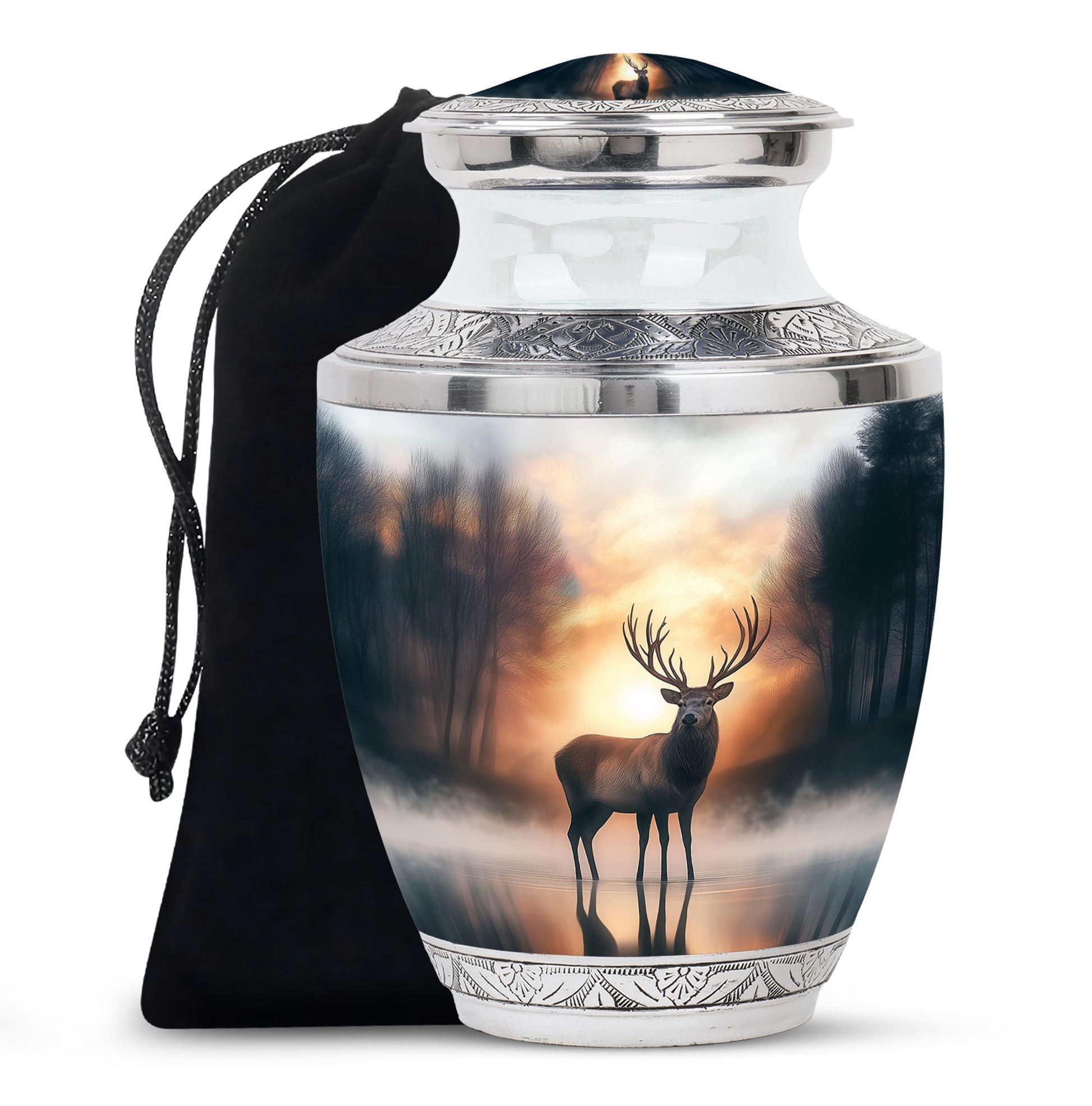 Warm Gold Deer Cremation Urn side profile showing urn shape - artistic deer interpretation with creative detail - full-size 10 inch 200 cubic inch adult cremation urn