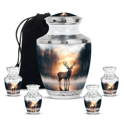 Harvest Gold Deer Cremation Urn lifestyle display on memorial shelf - artistic deer interpretation with creative detail - memorial set with one large and four small urns