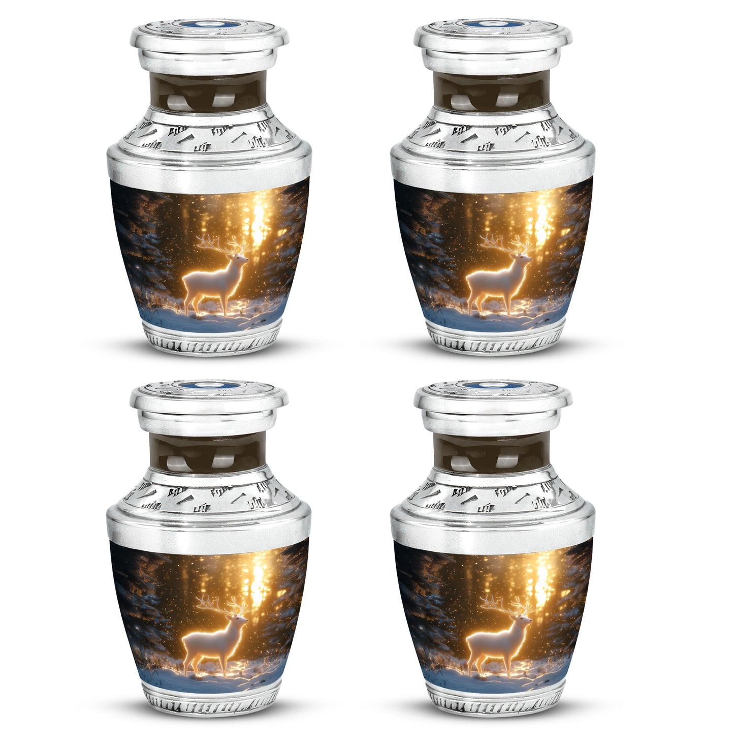 Antique Gold Deer Cremation Urn back view with polished surface - modern art-inspired deer motif on sleek aluminum - 10 inch aluminum urn for cremated remains