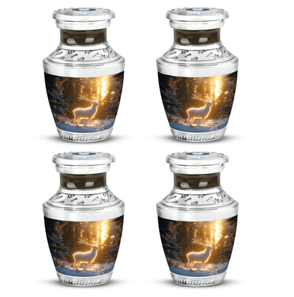 Antique Gold Deer Cremation Urn back view with polished surface - modern art-inspired deer motif on sleek aluminum - 10 inch aluminum urn for cremated remains
