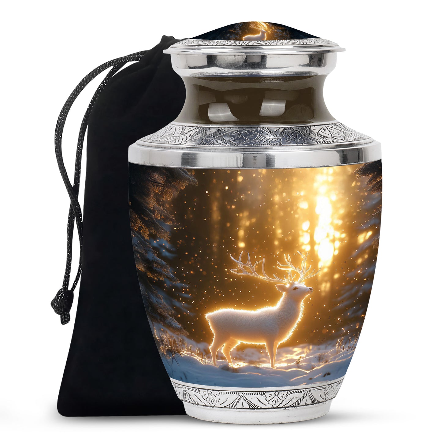 Warm Gold Deer Cremation Urn side profile showing urn shape - stylized abstract deer pattern with bold lines - full-size 10 inch 200 cubic inch adult cremation urn