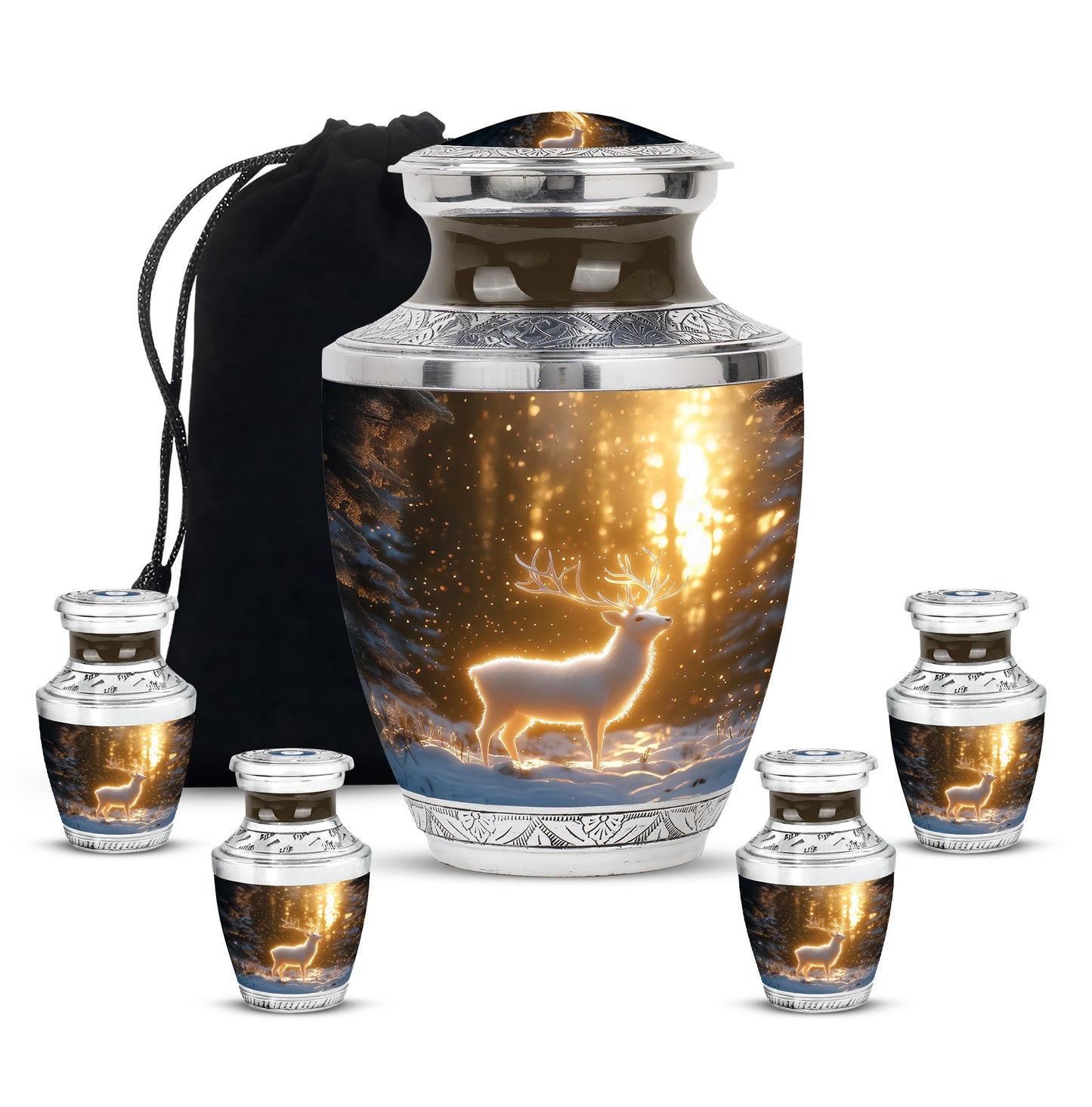 Amber Gold Deer Cremation Urn lifestyle display on memorial shelf - contemporary deer design with modern artistic flair - memorial set with one large and four small urns
