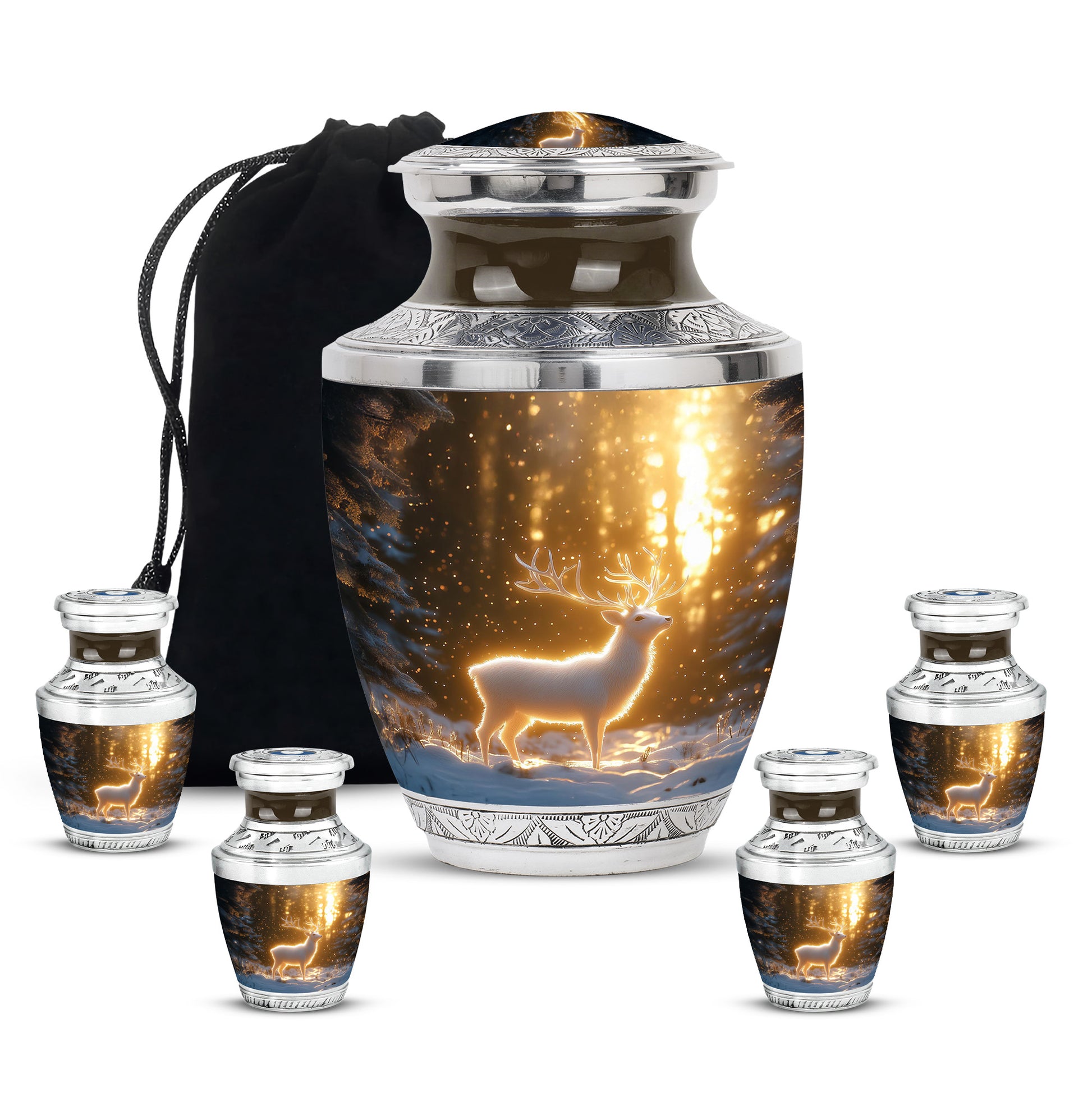 Amber Gold Deer Cremation Urn lifestyle display on memorial shelf - contemporary deer design with modern artistic flair - memorial set with one large and four small urns