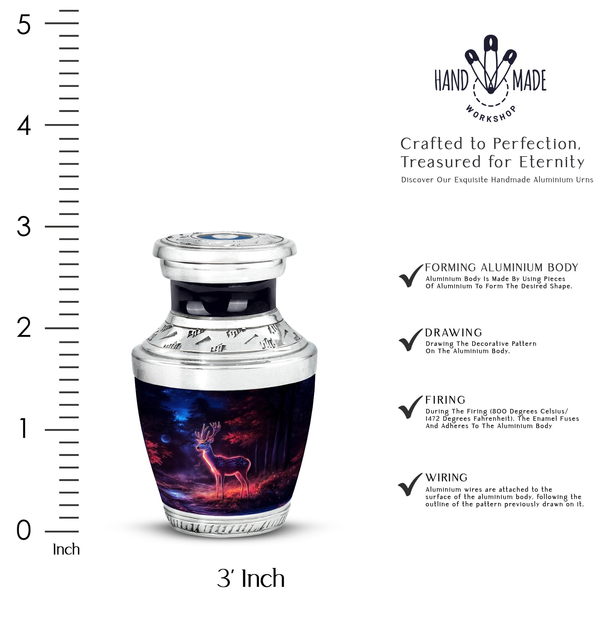 Obsidian Black Deer Cremation Urn top-down view of secure threaded lid - stylized abstract deer pattern with bold lines - mini keepsake memorial for portion of cremation ashes