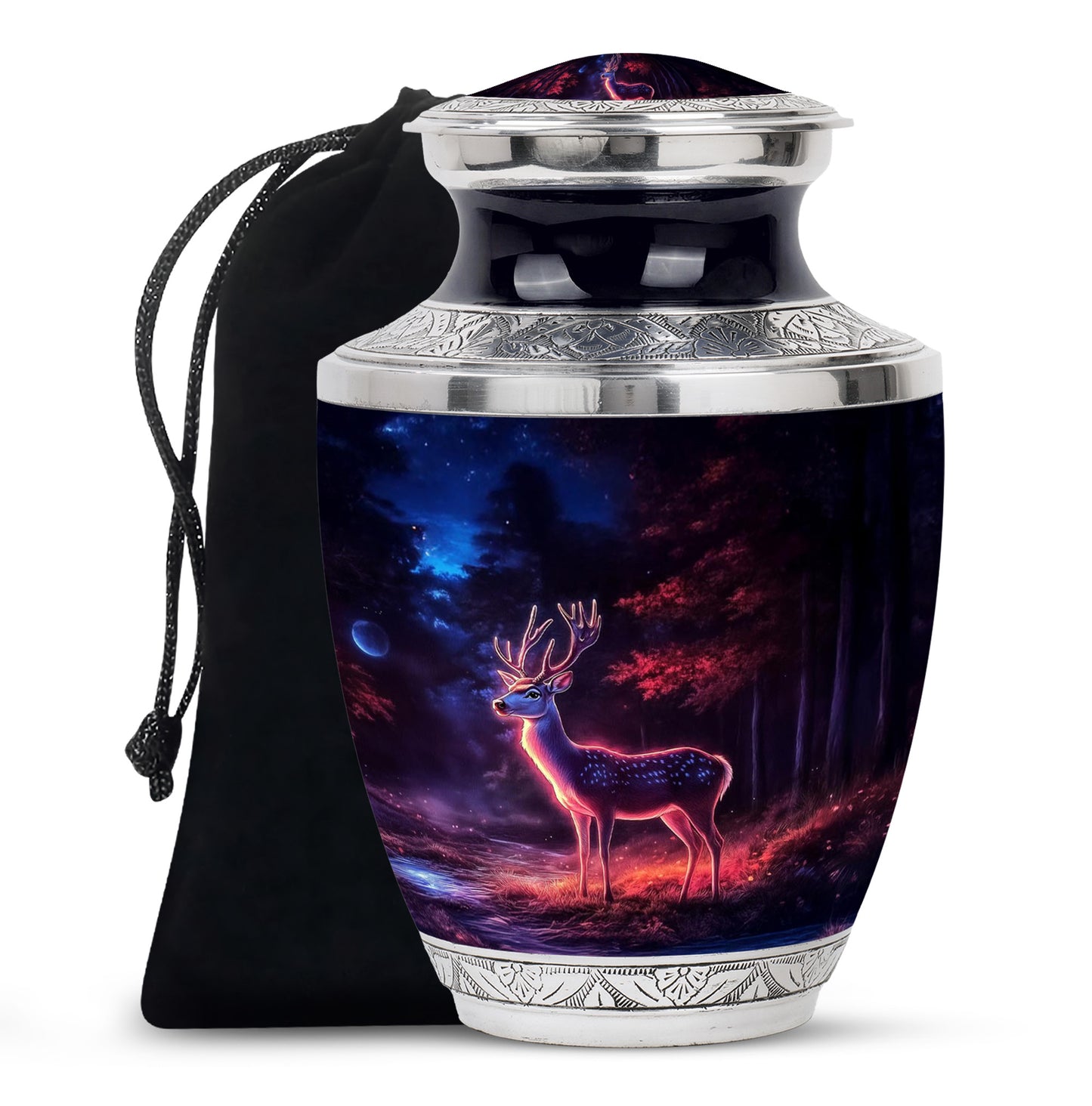 Onyx Black Deer Cremation Urn side profile showing urn shape - artistic deer interpretation with creative detail - full-size 10 inch 200 cubic inch adult cremation urn