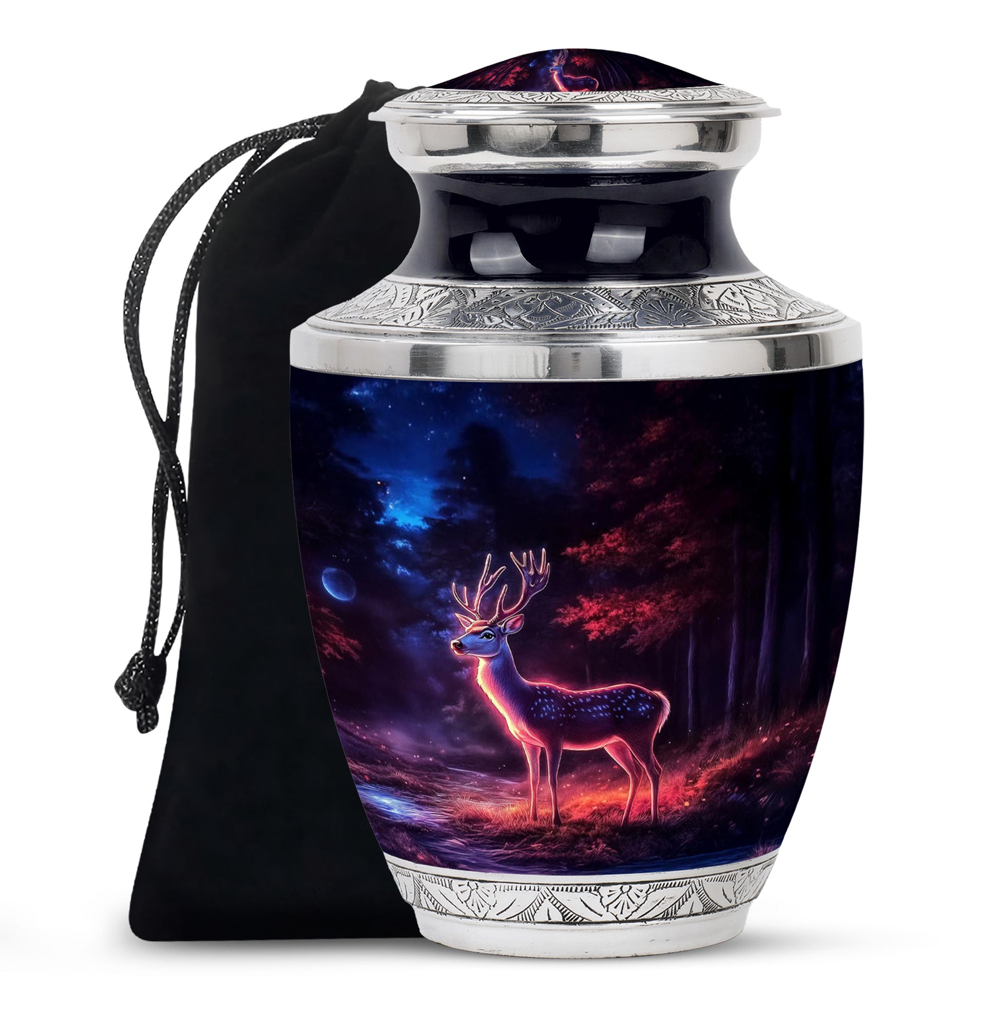 Onyx Black Deer Cremation Urn side profile showing urn shape - artistic deer interpretation with creative detail - full-size 10 inch 200 cubic inch adult cremation urn