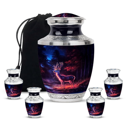 Jet Black Deer Cremation Urn lifestyle display on memorial shelf - modern art-inspired deer motif on sleek aluminum - memorial set with one large and four small urns