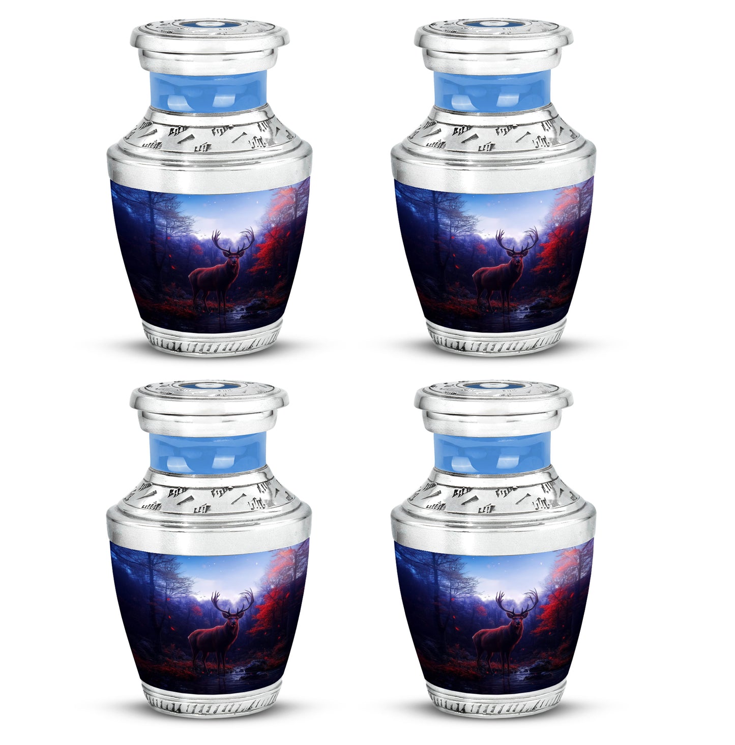 Sky Blue Deer Cremation Urn back view with polished surface - contemporary deer design with modern artistic flair - 10 inch aluminum urn for cremated remains