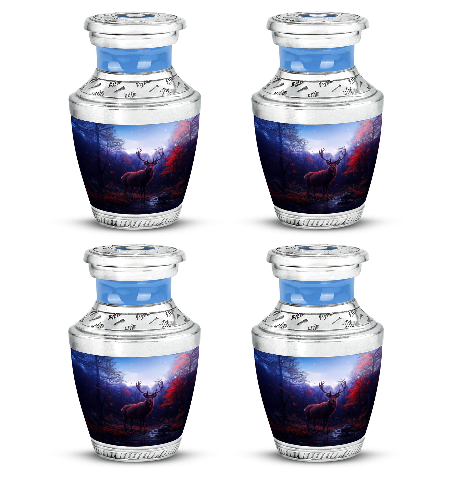 Sky Blue Deer Cremation Urn back view with polished surface - contemporary deer design with modern artistic flair - 10 inch aluminum urn for cremated remains
