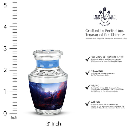 Royal Blue Deer Cremation Urn top-down view of secure threaded lid - stylized abstract deer pattern with bold lines - mini keepsake memorial for portion of cremation ashes