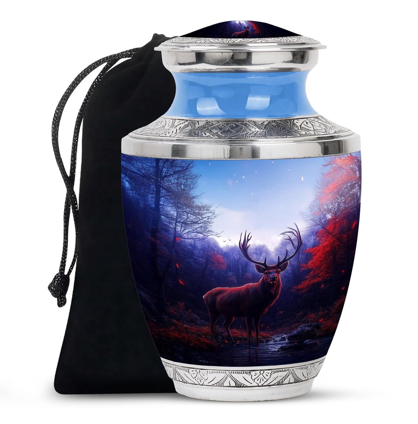 Powder Blue Deer Cremation Urn side profile showing urn shape - modern art-inspired deer motif on sleek aluminum - full-size 10 inch 200 cubic inch adult cremation urn
