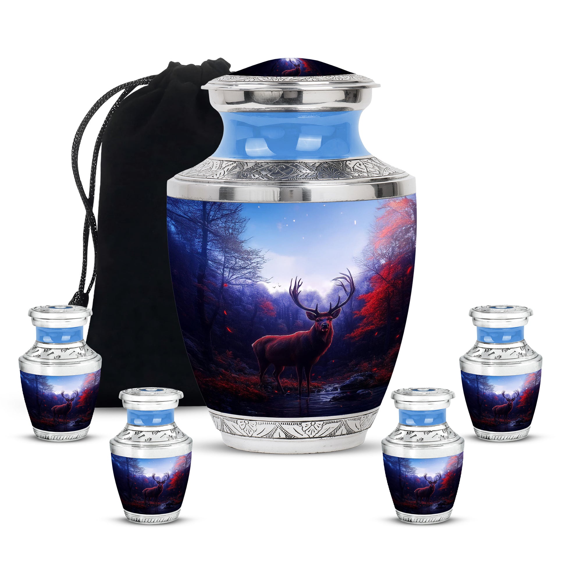 Sky Blue Deer Cremation Urn lifestyle display on memorial shelf - modern art-inspired deer motif on sleek aluminum - memorial set with one large and four small urns