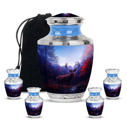 Sky Blue Deer Cremation Urn lifestyle display on memorial shelf - modern art-inspired deer motif on sleek aluminum - memorial set with one large and four small urns