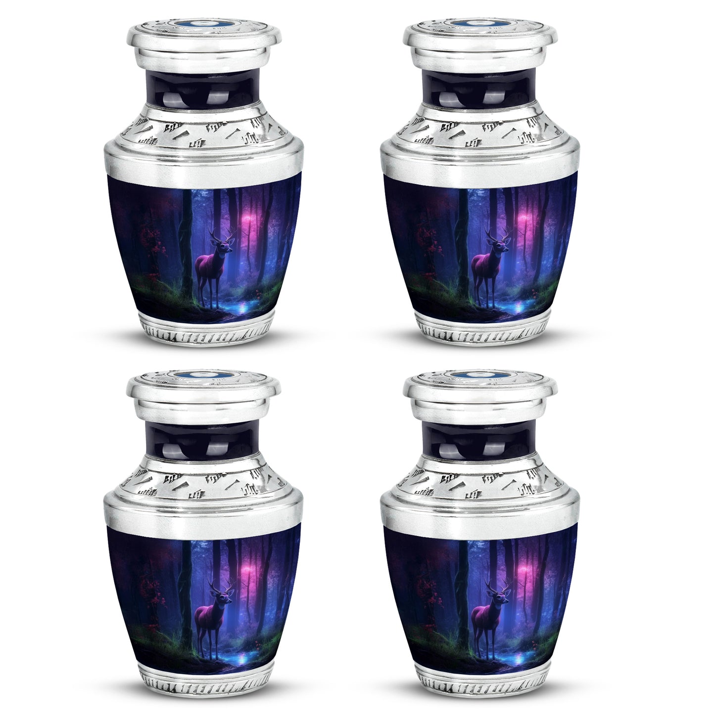 Misty Blue Deer Cremation Urn back view with polished surface - contemporary deer design with modern artistic flair - 10 inch aluminum urn for cremated remains