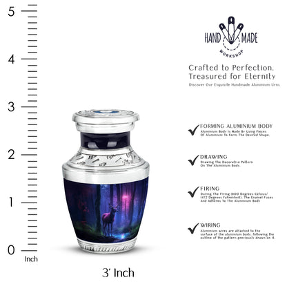 Pastel Blue Deer Cremation Urn top-down view of secure threaded lid - modern art-inspired deer motif on sleek aluminum - mini keepsake memorial for portion of cremation ashes