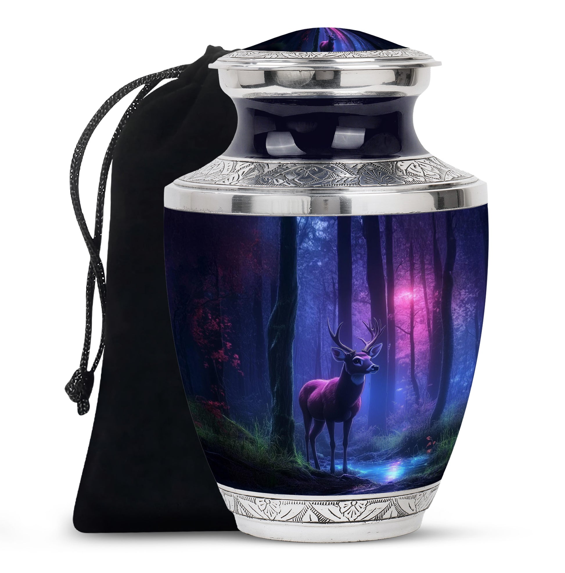 Dusty Blue Deer Cremation Urn side profile showing urn shape - modern art-inspired deer motif on sleek aluminum - full-size 10 inch 200 cubic inch adult cremation urn