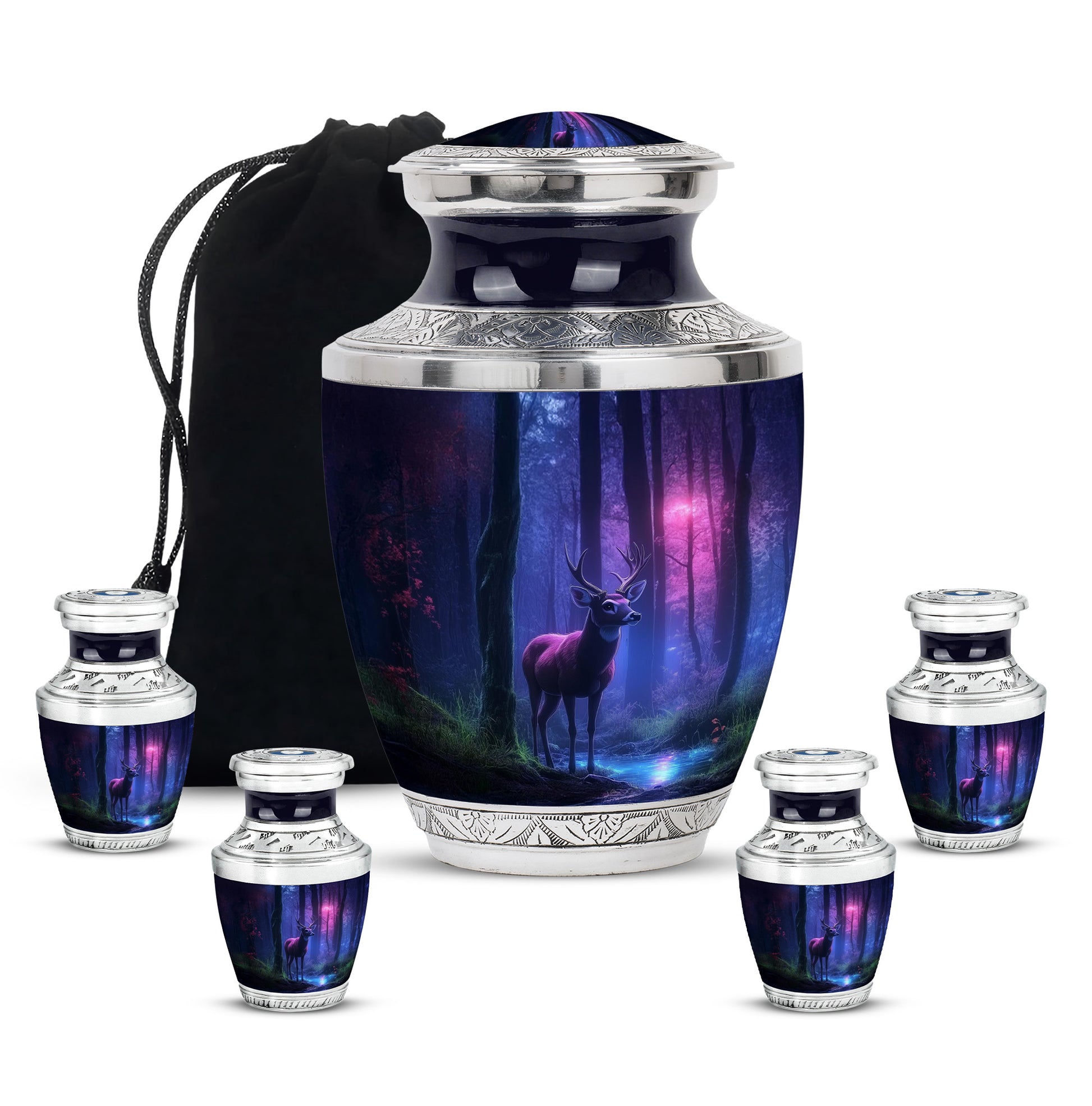 Vivid Blue Deer Cremation Urn lifestyle display on memorial shelf - artistic deer interpretation with creative detail - memorial set with one large and four small urns