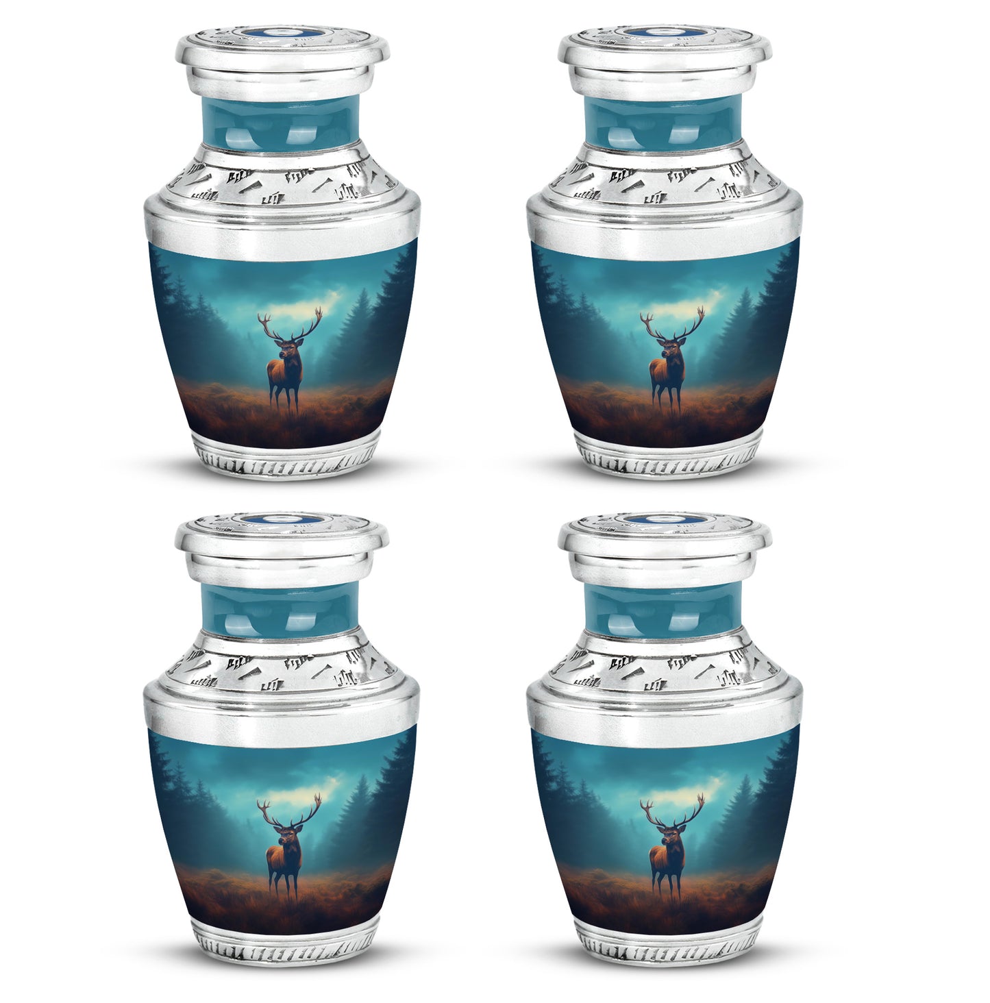 Ocean Teal Deer Cremation Urn back view with polished surface - contemporary deer design with modern artistic flair - 10 inch aluminum urn for cremated remains