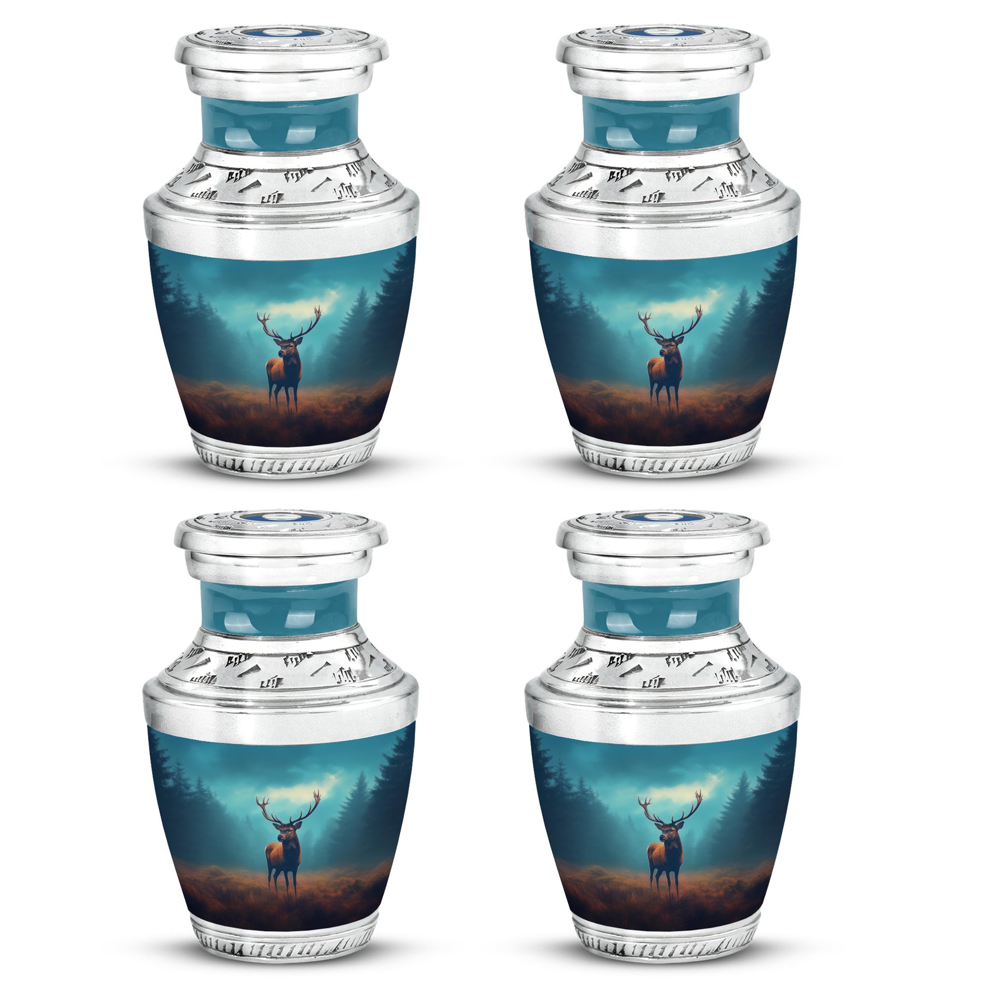 Ocean Teal Deer Cremation Urn back view with polished surface - contemporary deer design with modern artistic flair - 10 inch aluminum urn for cremated remains