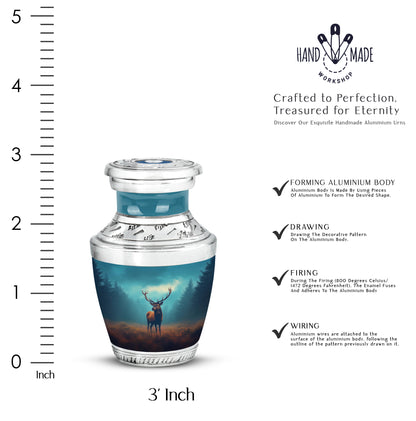 Deep Teal Deer Cremation Urn top-down view of secure threaded lid - stylized abstract deer pattern with bold lines - mini keepsake memorial for portion of cremation ashes