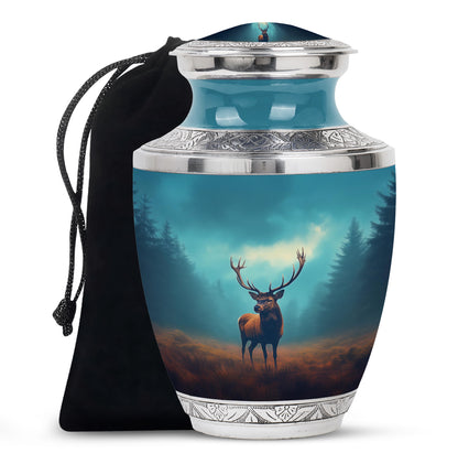 Ocean Teal Deer Cremation Urn side profile showing urn shape - modern art-inspired deer motif on sleek aluminum - full-size 10 inch 200 cubic inch adult cremation urn