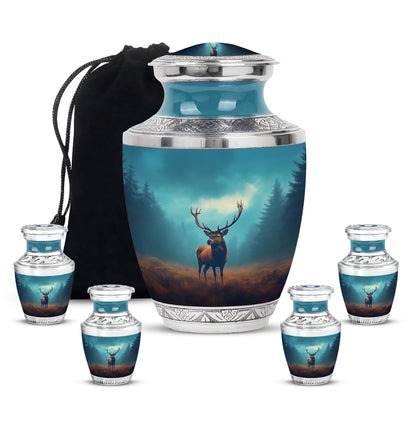 Ocean Teal Deer Cremation Urn lifestyle display on memorial shelf - contemporary deer design with modern artistic flair - memorial set with one large and four small urns