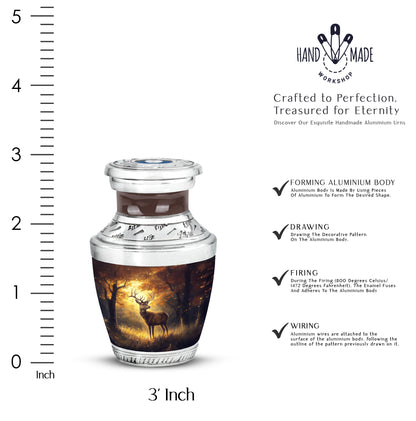 Warm Gold Deer Cremation Urn top-down view of secure threaded lid - stylized abstract deer pattern with bold lines - mini keepsake memorial for portion of cremation ashes