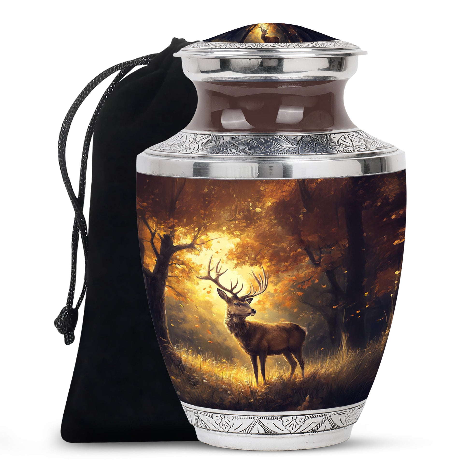 Amber Gold Deer Cremation Urn side profile showing urn shape - modern art-inspired deer motif on sleek aluminum - full-size 10 inch 200 cubic inch adult cremation urn