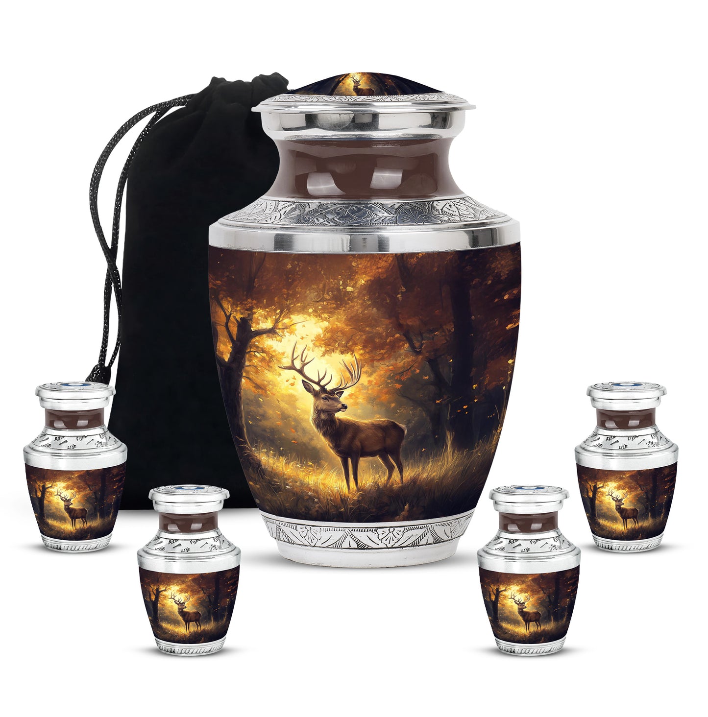 Gilded Gold Deer Cremation Urn lifestyle display on memorial shelf - modern art-inspired deer motif on sleek aluminum - memorial set with one large and four small urns