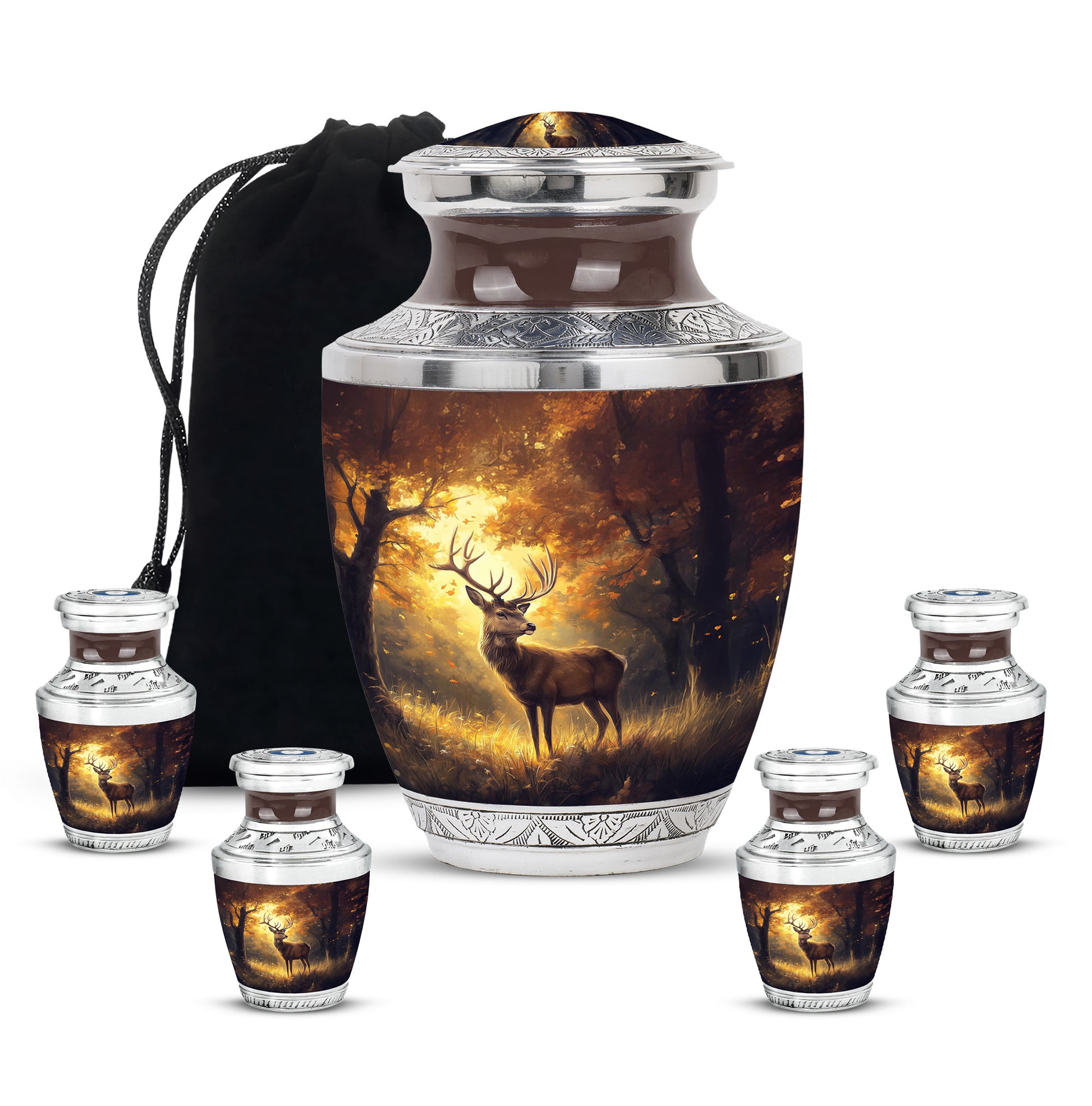 Gilded Gold Deer Cremation Urn lifestyle display on memorial shelf - modern art-inspired deer motif on sleek aluminum - memorial set with one large and four small urns