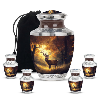 Gilded Gold Deer Cremation Urn lifestyle display on memorial shelf - modern art-inspired deer motif on sleek aluminum - memorial set with one large and four small urns